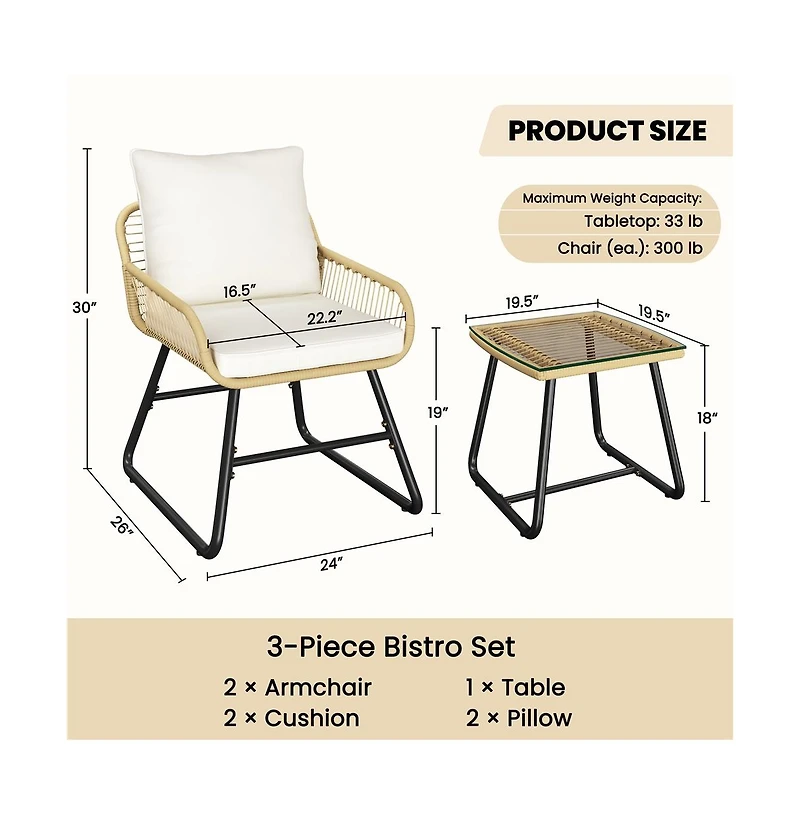 Yaheetech 3-Piece Outdoor Wicker Rattan Boho Coffee Table & 2 Chairs, Tan/Cream