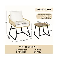 Yaheetech 3-Piece Outdoor Wicker Rattan Boho Coffee Table & 2 Chairs, Tan/Cream