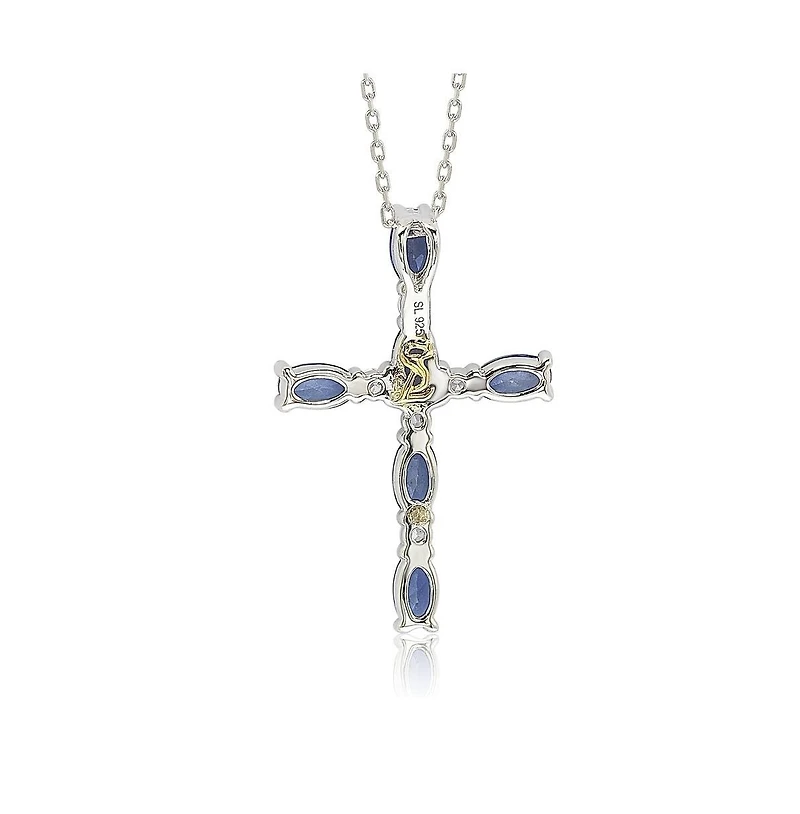 Suzy Levian New York Sterling Silver Sapphire & Created White Oval Cut Cross Pendant Necklace