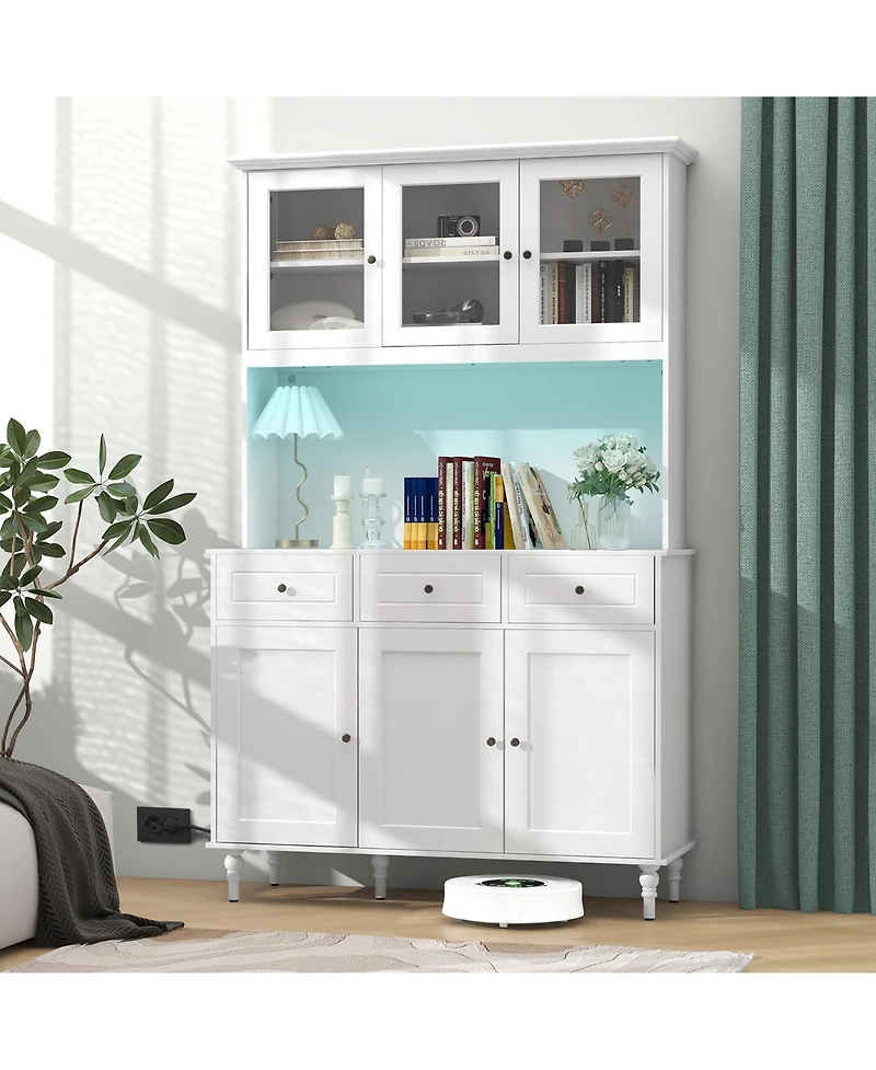 Gymax 77'' Tall Kitchen Pantry Storage Cabinet with Led Lights and Power Outlets