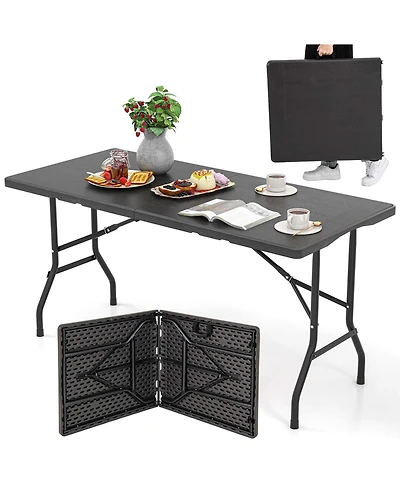 5 ft Folding Picnic Table Outdoor Dining with Rattan Grain Hdpe Tabletop