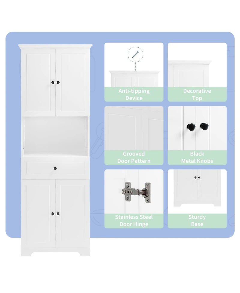 Casainc Tall Bathroom Cabinet with Four Doors, Large Storage Space & Open Shelves