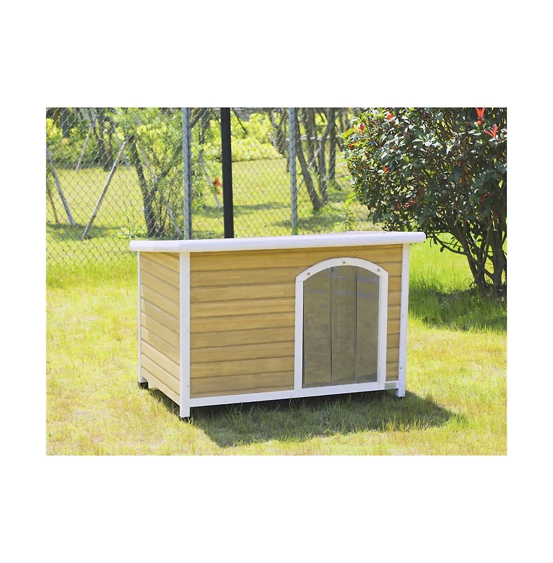 Aostirmotor Yellow Medium Wooden Outdoor Dog House with Adjustable Plastic Feet and Elevated Floor