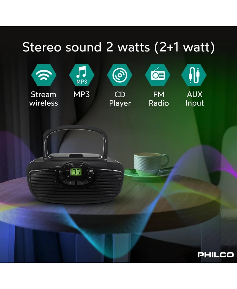 Philco Boombox Portable Cd Player with Bluetooth, Usb Playback and Cd Player is Compatible with MP3/Wma/Cd-r/Cd-rw CDs, Auxiliary Input, Stereo Sound
