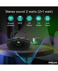 Philco Boombox Portable Cd Player with Bluetooth, Usb Playback and Cd Player is Compatible with MP3/Wma/Cd-r/Cd-rw CDs, Auxiliary Input, Stereo Sound