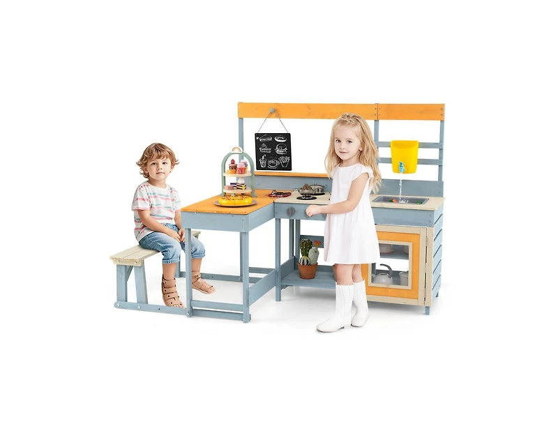 Fir Wood Play Kitchen with Kids Picnic Table and Built-in Bench