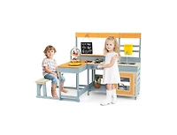 Fir Wood Play Kitchen with Kids Picnic Table and Built-in Bench