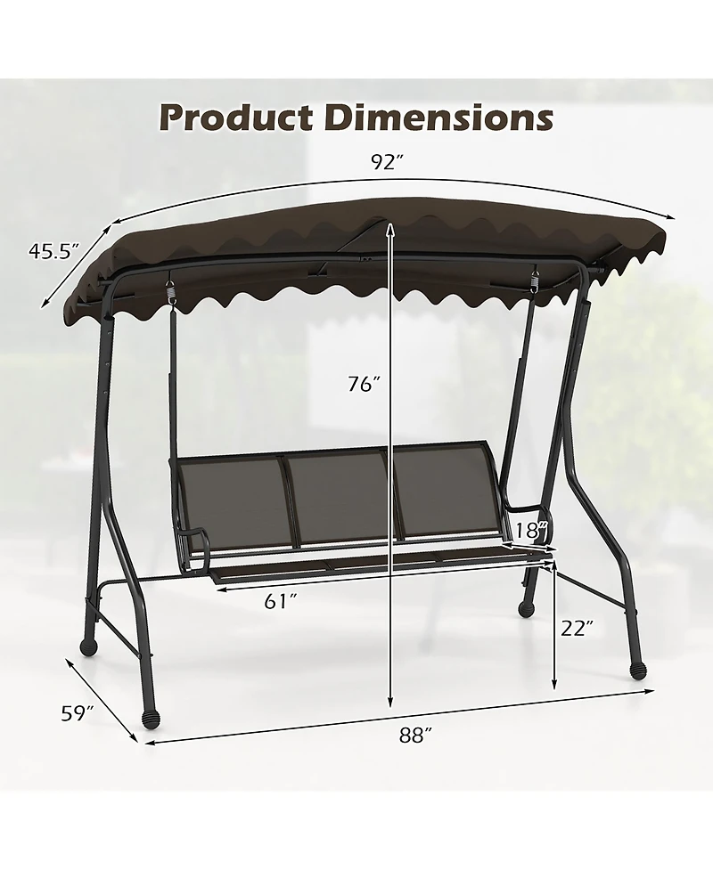 Gymax 3-Seat Outdoor Swing Porch Canopy Swing w/ Adjustable Shading Breathable Seat