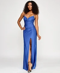 City Studios Juniors' Shirred Split Neck Ruched Bodice Slit Gown