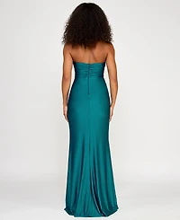 City Studios Juniors' Strapless Sweetheart Neck Pleated Bodice Front Slit Gown