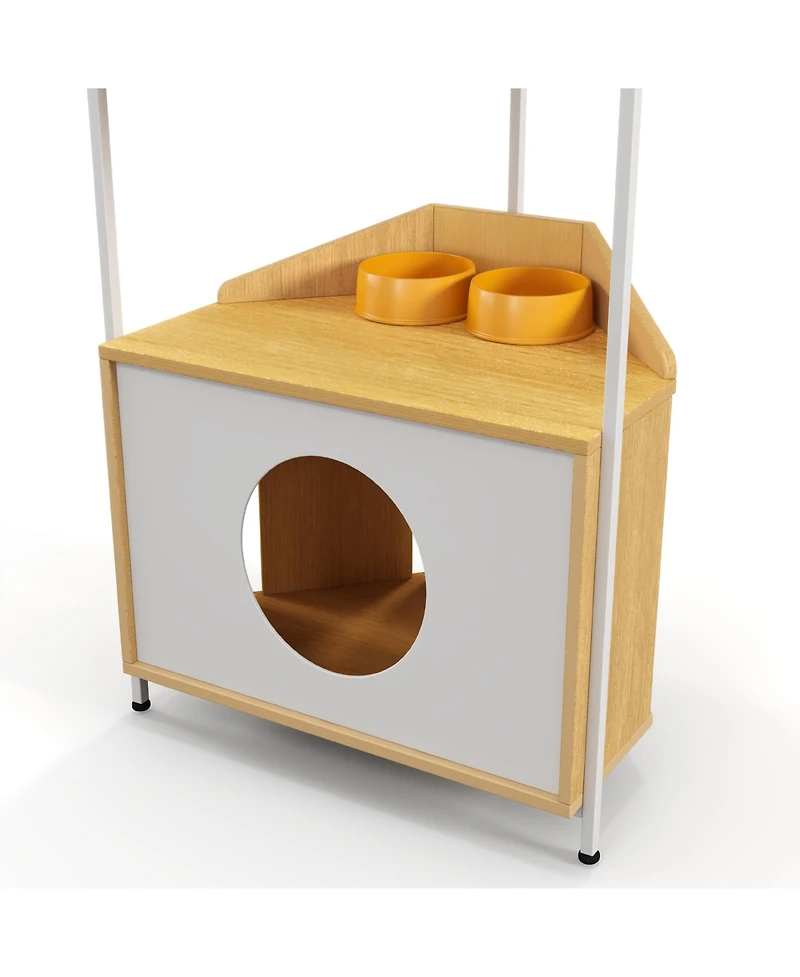 Aostirmotor Corner Cat Tower Cat Tree with Scratching Post Cat House with Feeding Station and Climbing Platforms