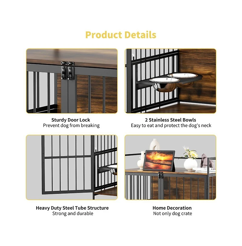 Aostirmotor 48 in. Furniture Style Large Dog Crate with 360° Adjustable Raised Feeder for Dogs