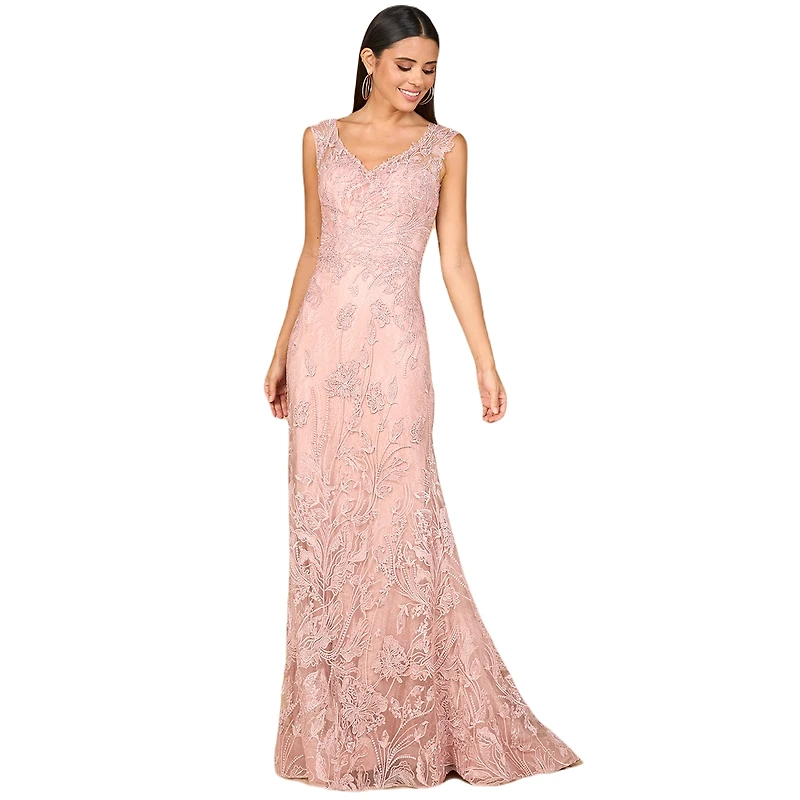 Lara Women's Overskirt Lace Fitted V - Neck Gown