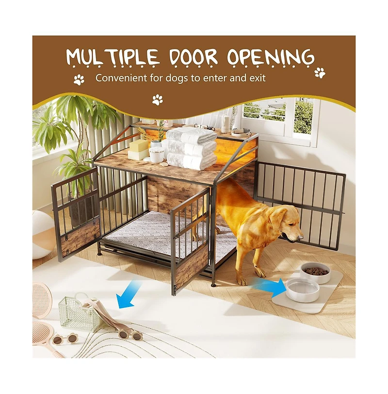 Aostirmotor Brown Multi-function Dog Crates with Storage Large Wooden Dog Kennel with Double Doors for Large Medium Dog
