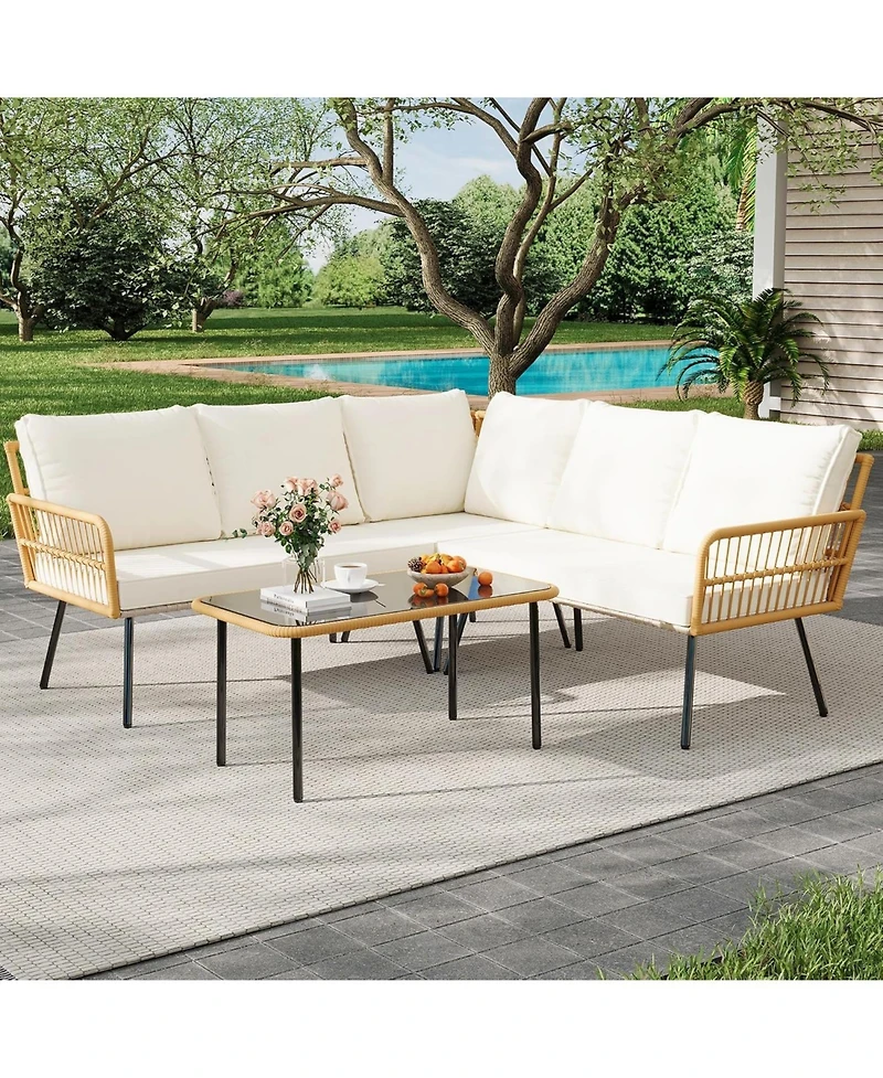 gaomon 4 Pieces Beige Boho Rattan Patio Furniture Set, L-Shaped Sectional with Cushions, Side Table & Chairs for Apartment & Backyard