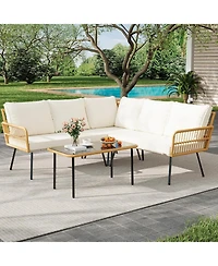 gaomon 4 Pieces Beige Boho Rattan Patio Furniture Set, L-Shaped Sectional with Cushions, Side Table & Chairs for Apartment & Backyard
