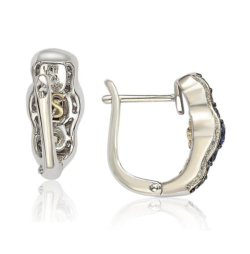 Suzy Levian New York Sterling Silver Sapphire and Created White Curvy Frame Huggie Hoop Earrings