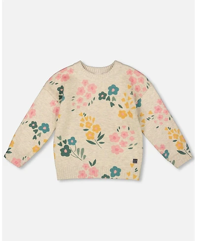 Deux par Big Girls Knitted Sweater Heather Beige Gray with Floral Print