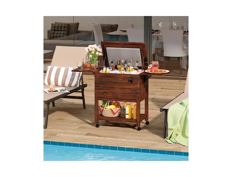 Akiudex Wooden Patio Cooler Ice Chest with 54QT Capacity and Wheels
