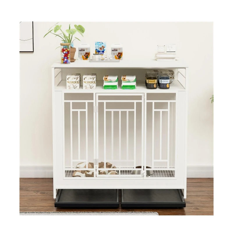 Aostirmotor 43.3 White Dog Crate Furniture Wooden Crate with Divider Double Door Kennel Three Drawers