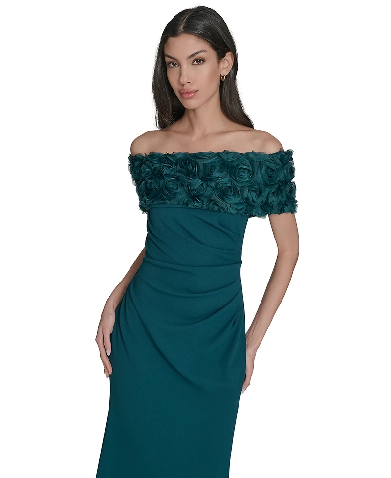 Eliza J Petite Rosette-Trim Off-The-Shoulder Evening Gown
