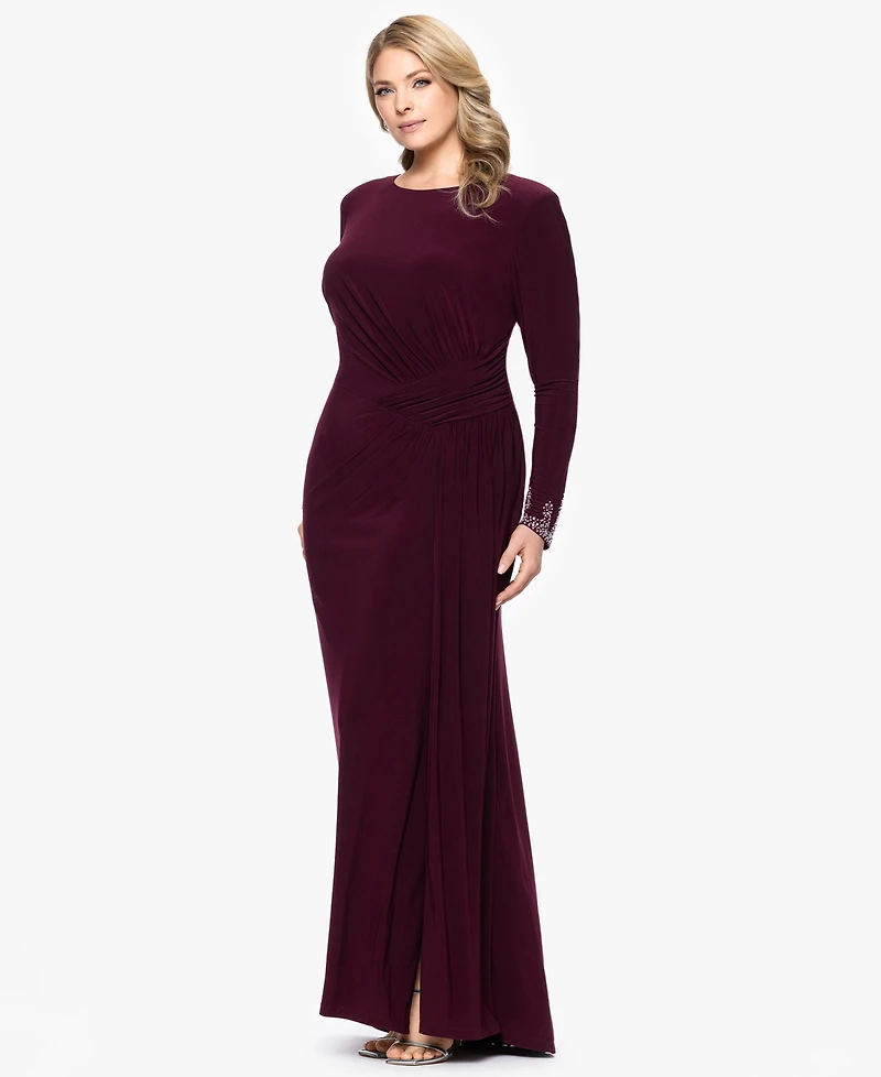 Betsy & Adam Plus Long Sleeve Beaded Dress