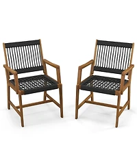 Patio 2pcs Acacia Wood Dining Chairs All-Weather Rope Woven Armchairs Outdoor