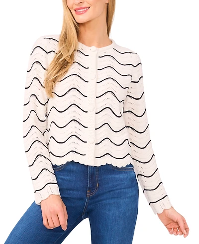 CeCe Women's Scallop Edge Long Sleeve Button Up Cardigan Sweater