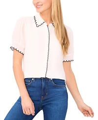 CeCe Women's Scallop Contrast Trim Button Up Top