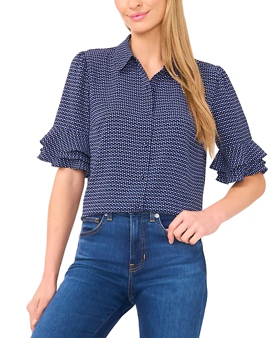 CeCe Women's Button Up Collared Elbow Ruffle Sleeve Top