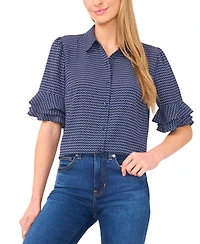 CeCe Women's Button Up Collared Elbow Ruffle Sleeve Top