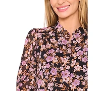 CeCe Women's Ruched Sleeve Hidden Placket Open Collar Top