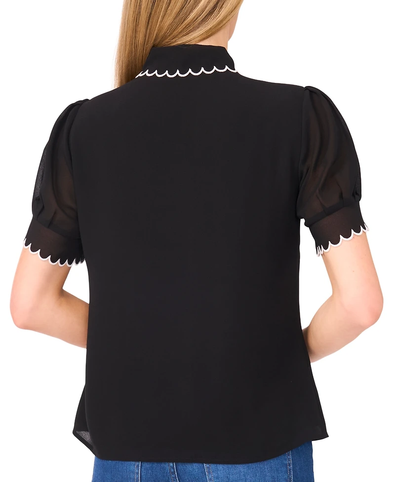 CeCe Women's Scallop Contrast Trim Button Up Top