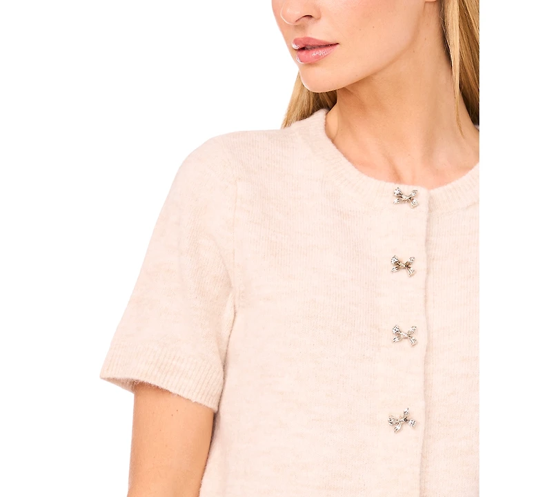 CeCe Women's Short Sleeve Bow Button Cardigan Sweater