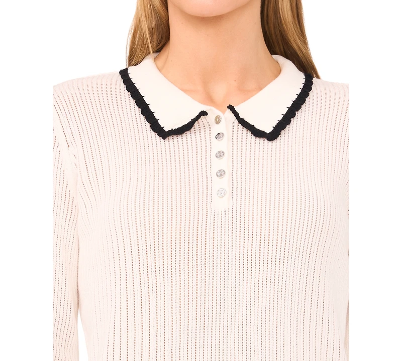 CeCe Women's Pointelle Knit Long Sleeve Trim Polo Sweater