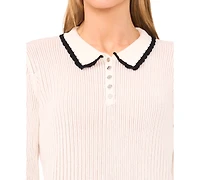 CeCe Women's Pointelle Knit Long Sleeve Trim Polo Sweater
