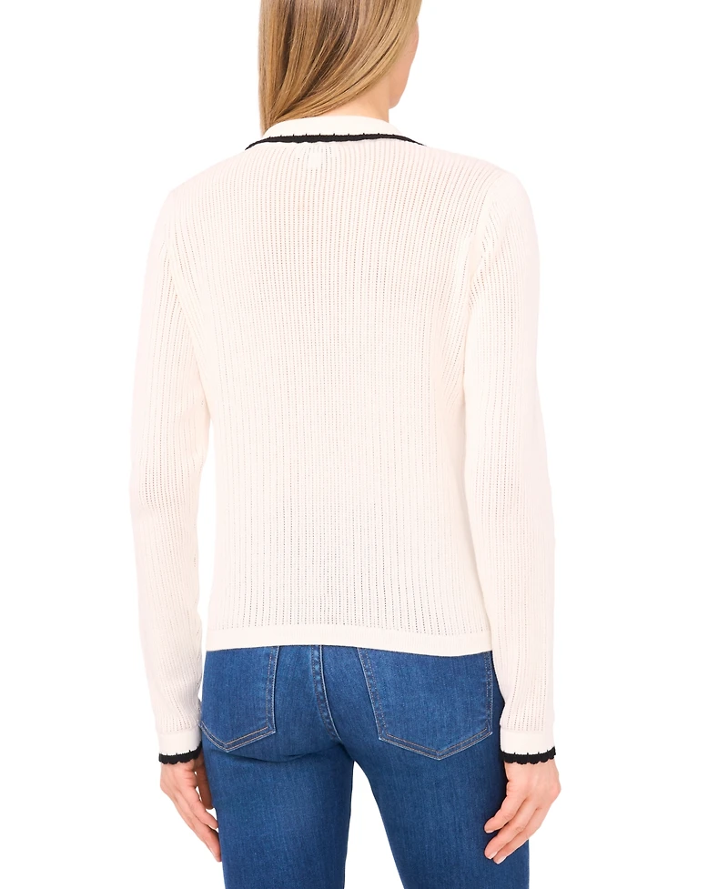 CeCe Women's Pointelle Knit Long Sleeve Trim Polo Sweater