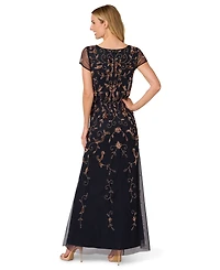 Adrianna Papell Women's Boat-Neck Short-Sleeve Beaded Blouson Gown