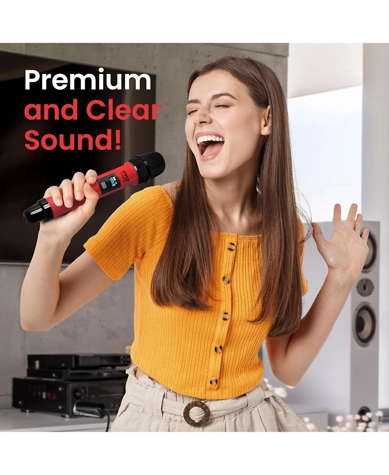 Pyle Portable Universal Wireless Microphone System, Uhf Quad Channel Addressable Frequency, Includes (4) Handheld Microphones (Red)
