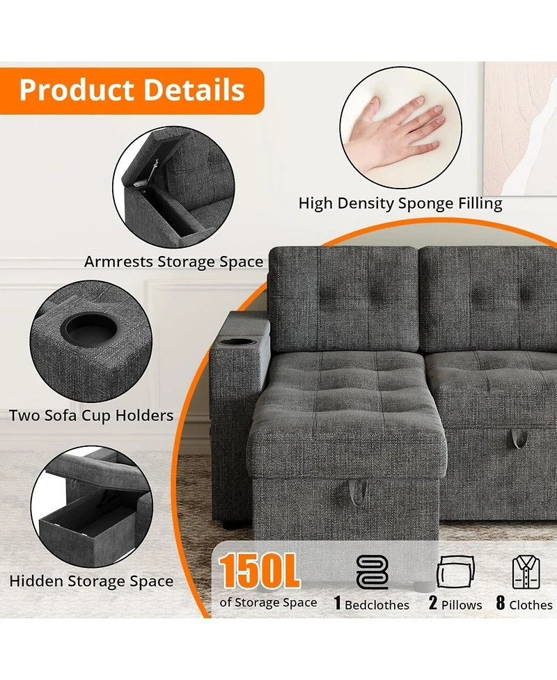 gaomon 84 Inch Dark Grey L-Shaped Sofa Bed with Pull-Out Bed, 2 Charging Ports, Storage Armrests, Cup Holders & Side Pockets Included