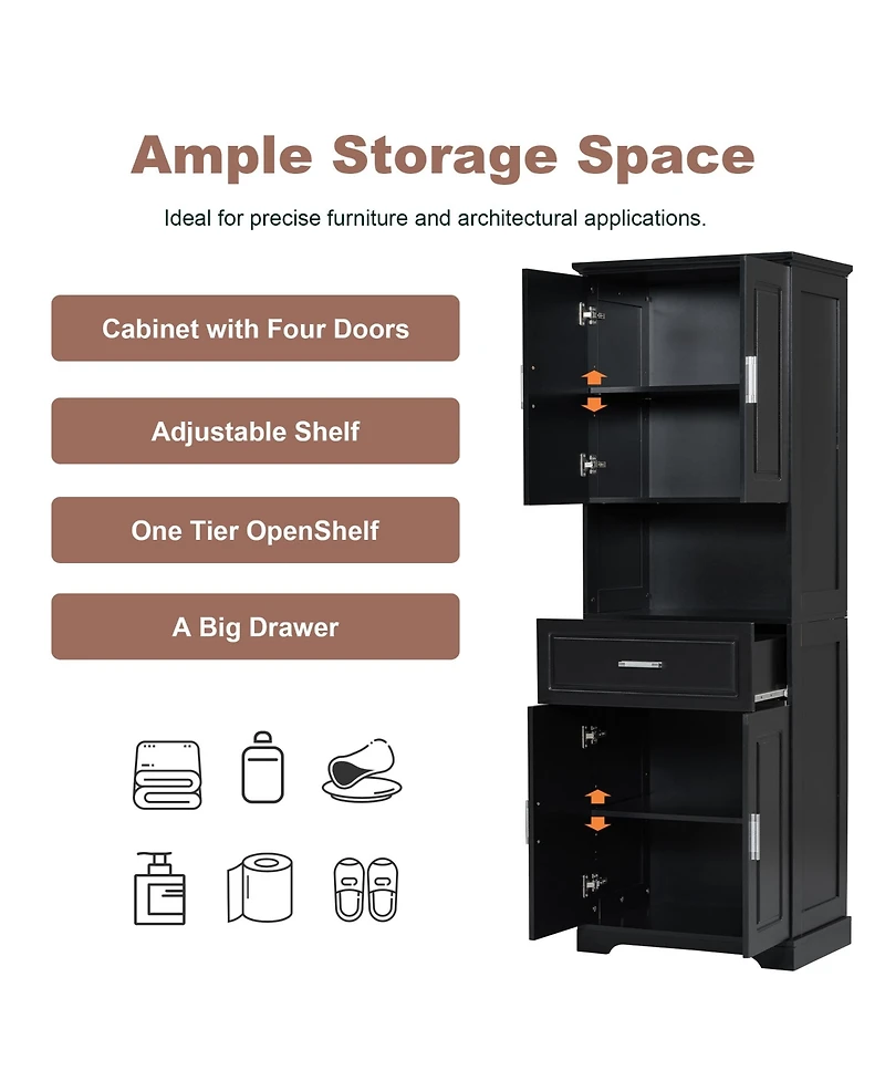 Casainc Tall Bathroom Cabinet with Four Doors, Large Storage Space & Open Shelves