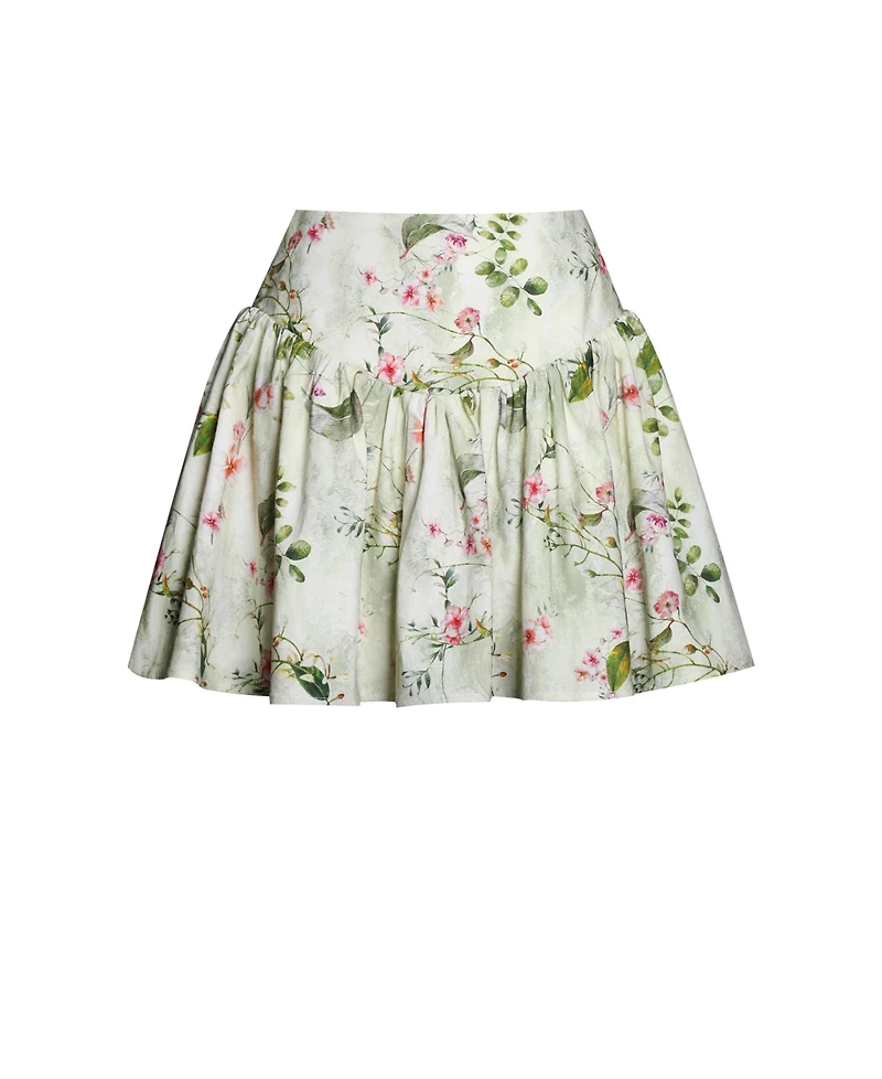 Miss Circle Women Zanelle Green Floral Print Drop Waist Linen Full Skirt