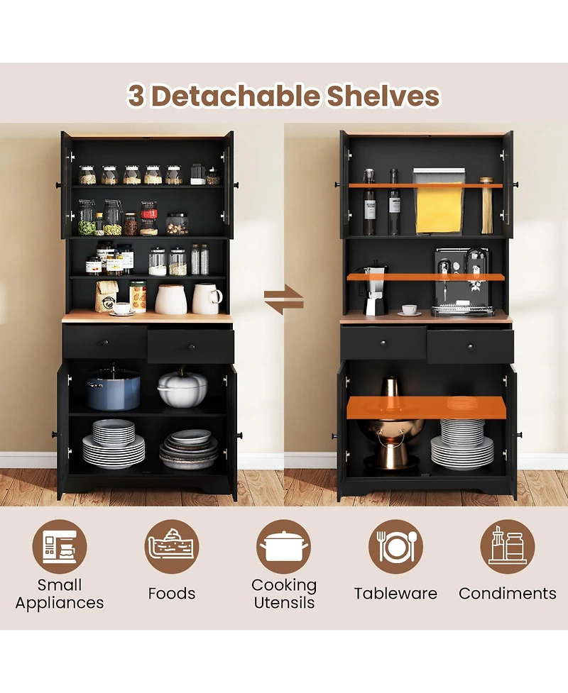 Gymax Pantry Cabinet 67'' Tall Kitchen Floor w/ 2 Removable Shelves Drawers
