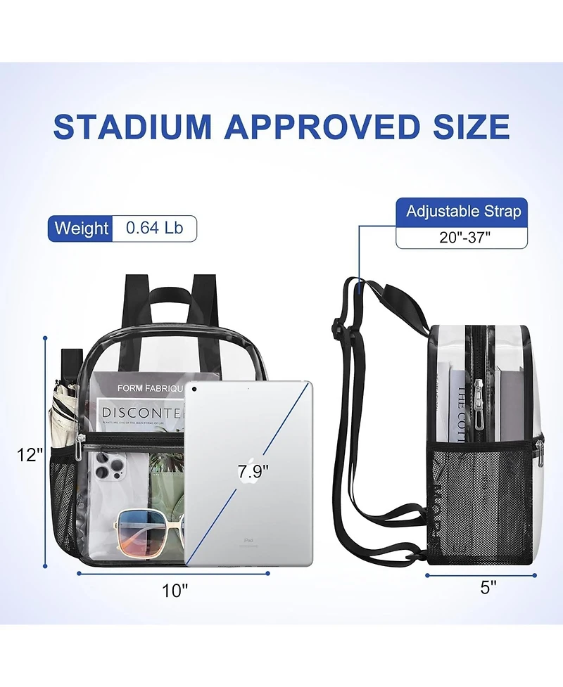 Clear Backpack Stadium Approved 12×12×6 Clear Mini Backpack Small Transparent Backpack for Concert, Beach, Work, Travel & Sporting Black