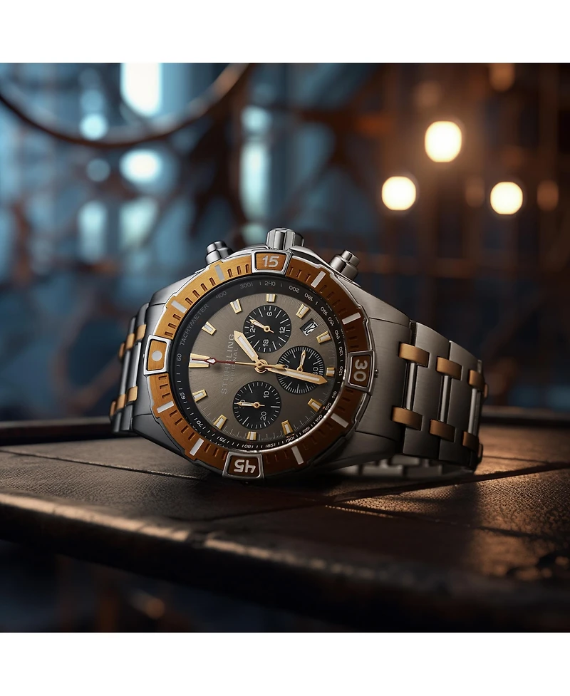 Stuhrling 1022 Men s Chronograph Watch Quartz Movement Gunmetal Dial Black Subdials Black Bezel Two Tone Stainless Steel Bracelet 50M Water Resistant