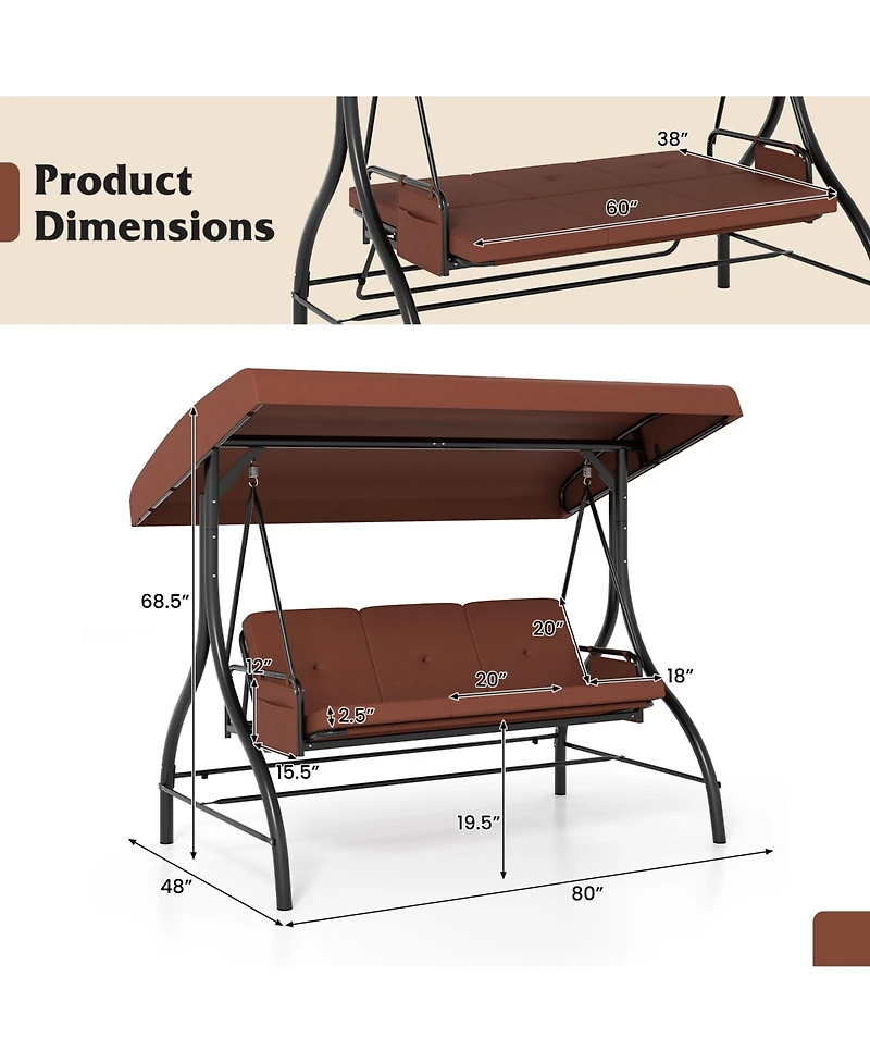 Gymax 3-Seat Patio Swing w/ Canopy & Removable Cushions Side Pockets Stand