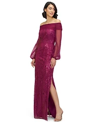 Js Collections Women's Savannah Embellished Off the Shoulder Long Sleeve Chiffon Column Gown