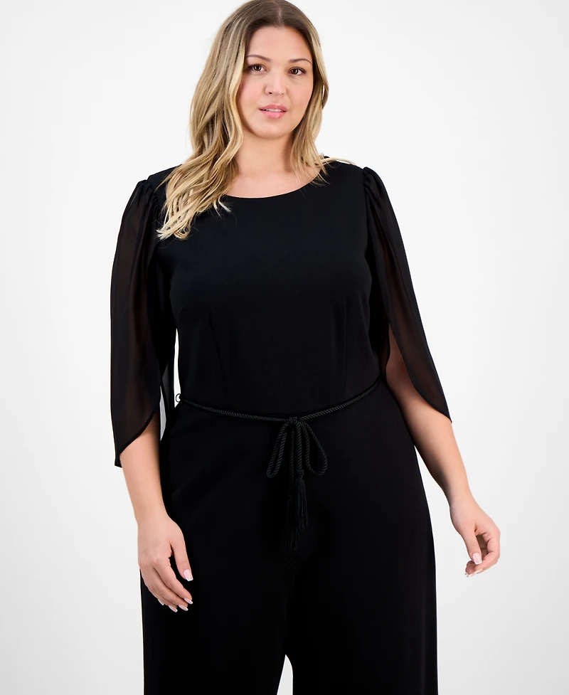 Connected Plus Bell-Sleeve Tassel-Belt Jumpsuit