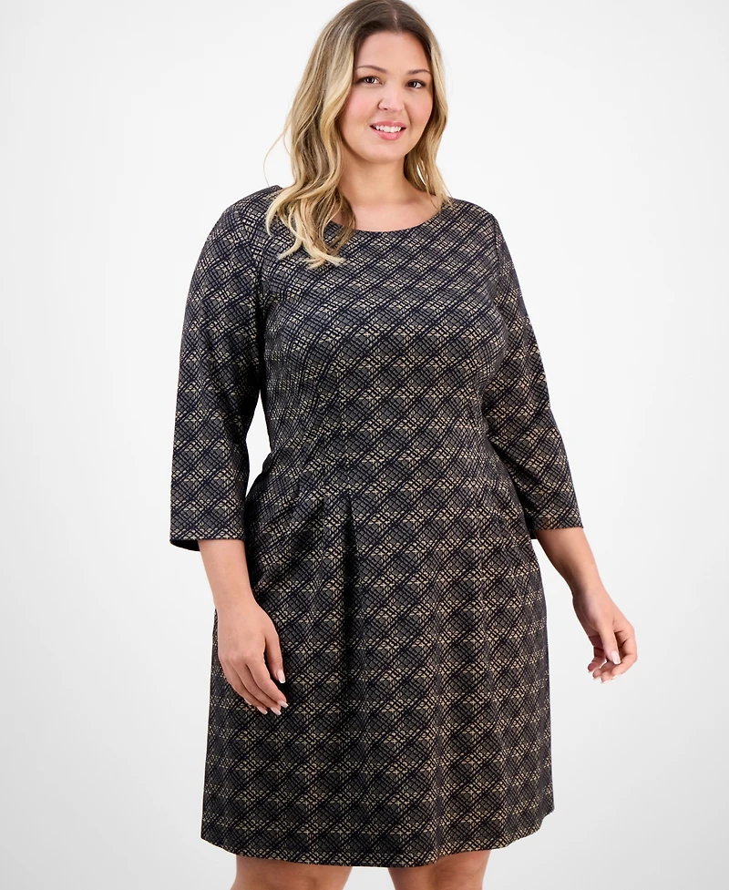 Connected Plus Knit Long-Sleeve Tuck-Front Fit & Flare Dress
