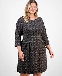 Connected Plus Knit Long-Sleeve Tuck-Front Fit & Flare Dress